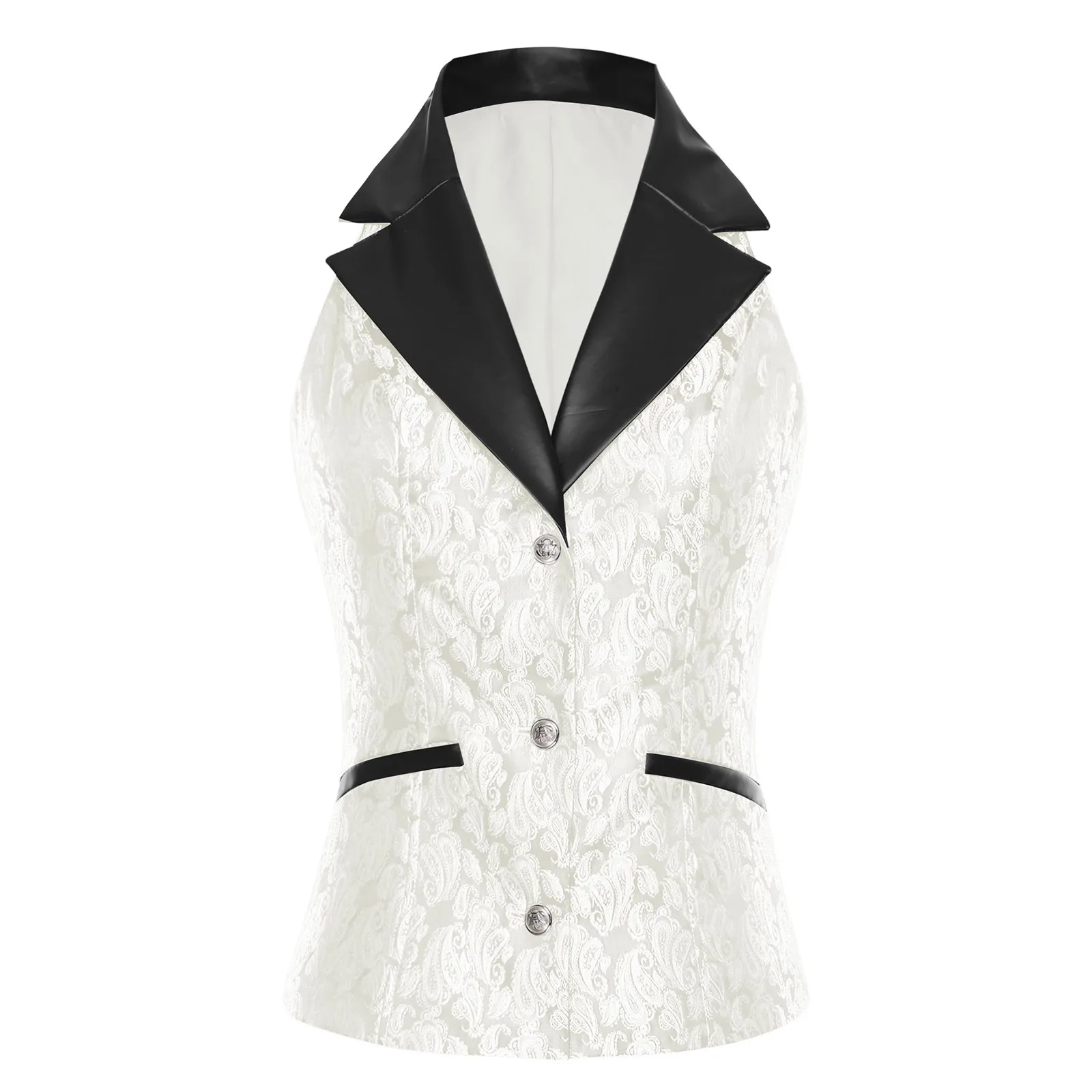 

Women Retro Jacquard Waistcoat Party PU Leather Patchwork Notch Lapel Button-down Vest Medieval Gothic Steampunk Clubwear Vest