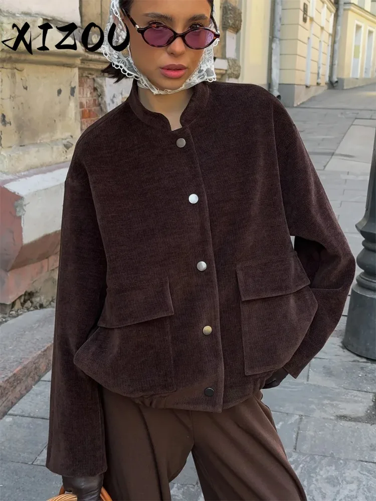 

XIZOU Women's New Autumn 2025 Brown Corduroy Jacket Coat Stand Collar Trendy Loose Fit Single-Breasted Long Sleeve Fashion