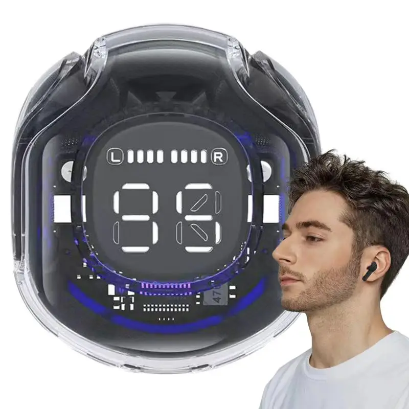سماعة بلوتوث 5.3 لاسلكية بخاصية إلغاء الضوضاء، سماعات رأس رياضية هاي فاي ستيريو مع علبة شحن شفافة بشاشة رقمية