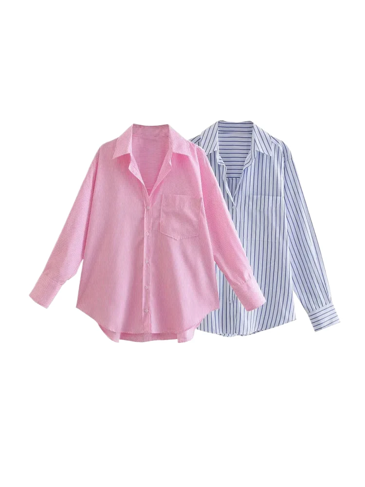 

Traf-striped Loose Shirts With Pocket For Women, Long Sleeve, Button-up Blouses, Chic Tops, Female Fashion