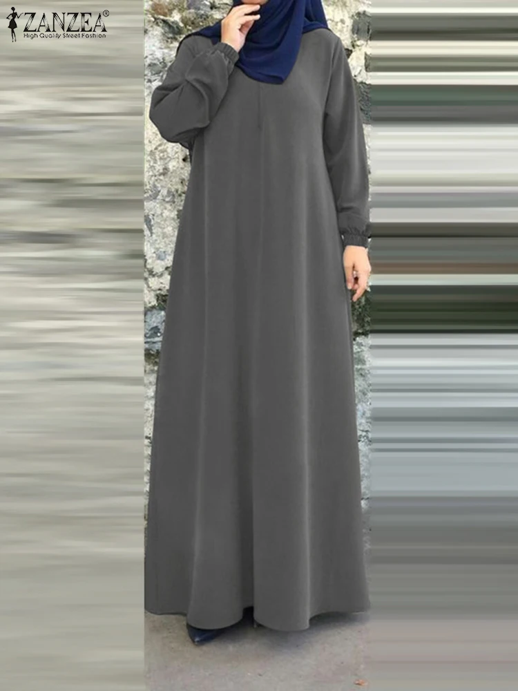 

ZANZEA Islamic Hijab O Neck Long Vestidos Solid Color Women's Casual Long Sleeve Eid Dress Muslim Fashion Modest Abaya Robes