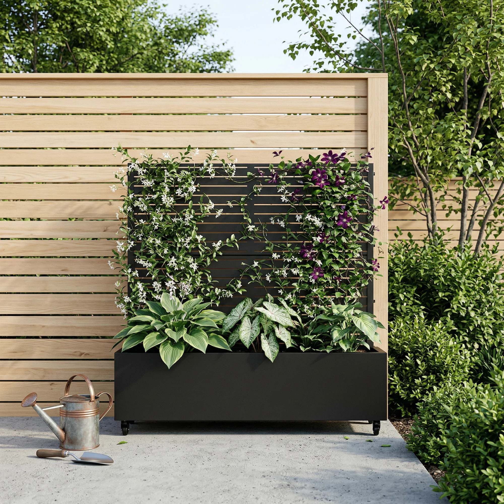 4 ft. H x 4 ft. W Metal Planter Box privacy screen Garden Bed with Trellis and Wheels - Black