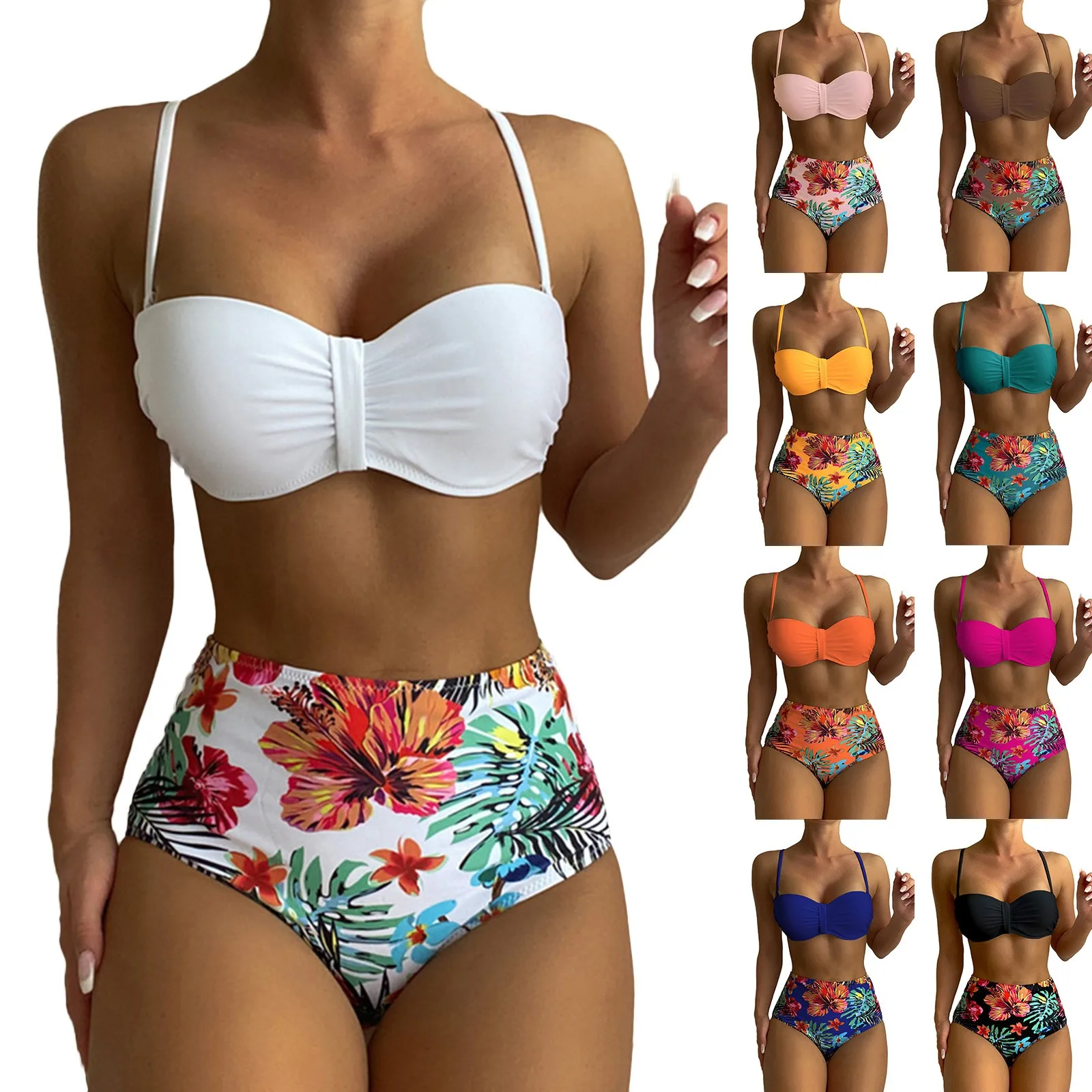 Vintage Floral Print High Waisted Bikini Sets Swimsuit Women Two Piece Swimwear Luxury Cover Up Spring Summer Beach Mujer Bather