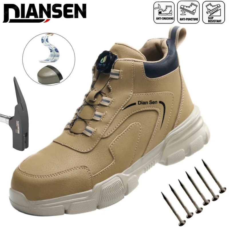 

Mens Puncture-Proof Steel Toe Safety Boots Slip-Resistant Industrial Shoe Outdoor Work Shoes for Mechanics Rotating Button Boots