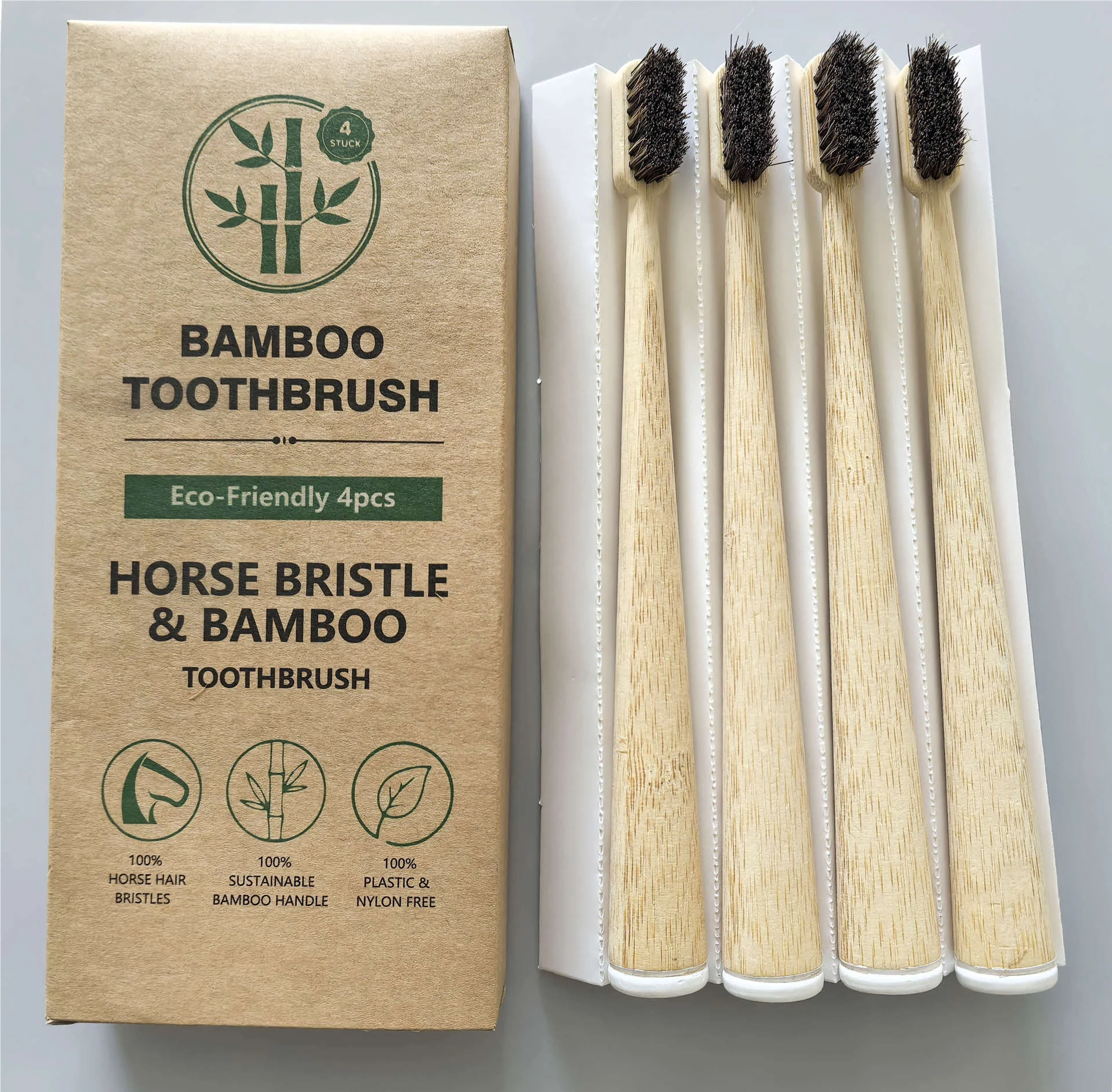 4Pcs Boar Bristles Natural Bamboo Toothbrush Biodegradable Completely-free of Plastic and Nylon, Pig Bristles Bamboo Toothbrus