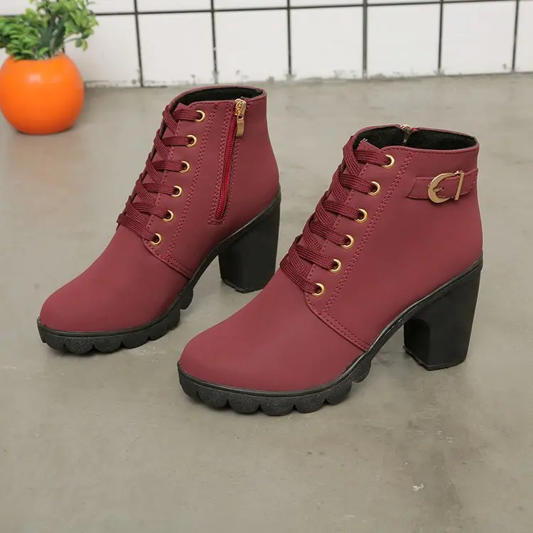 HOT Ankle Boots For Women New Elegant Square Heel Shoes Woman High Solid Vintage Lace-up Ladies Winter Platform Boots High dgt