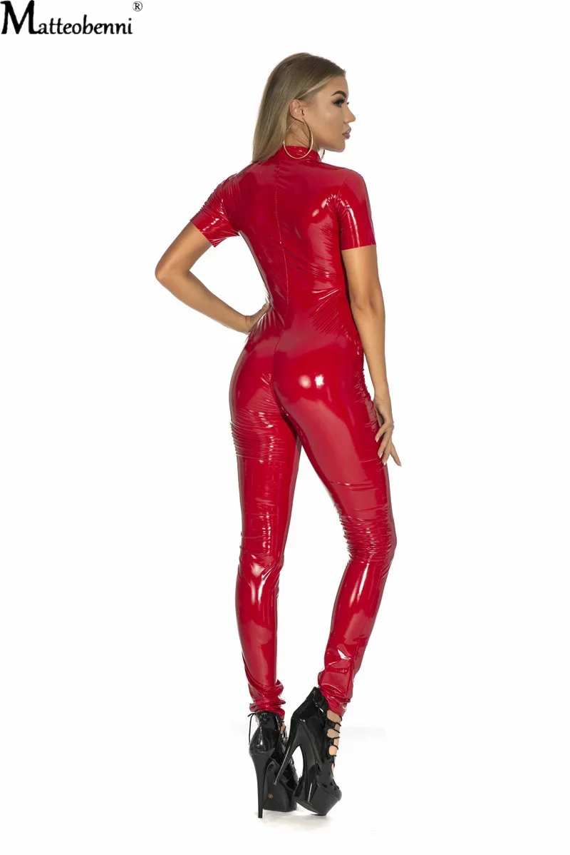 

2025 Latex Catsuit Faux Leather Women Jumpsuit Black Wetlook PVC Lingerie Bodysuit Sexy Bodycon Erotic Open Crotch Clubwear