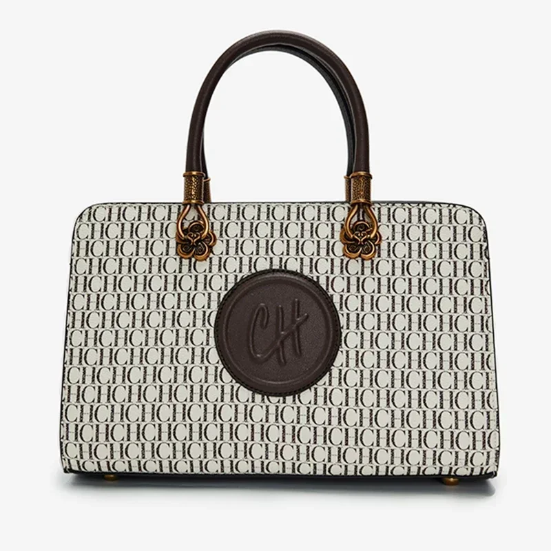 

CH Embossed Vintage Commuter Bag With Metal Accents Double Handle Design Large Capacity Tote For Women