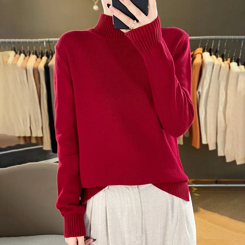 

2024 New Women Knitwear 100% All Cotton Pullover Fashion Sweater Half height Neck Long sleeves Thick Warm Basics Loose Tops