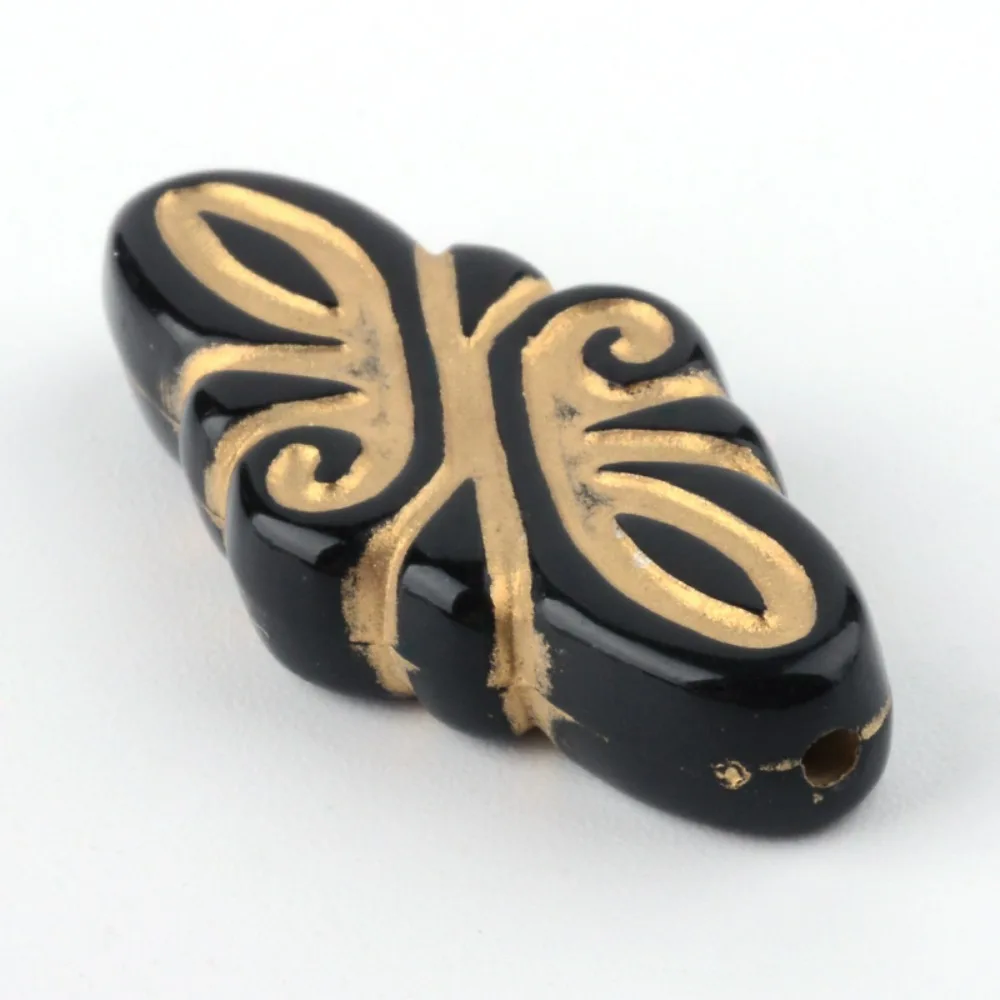 20pcs Rhombus Plating Acrylic Beads Golden Metal Enlaced Black 30x14x5.5mm Hole: 1mm