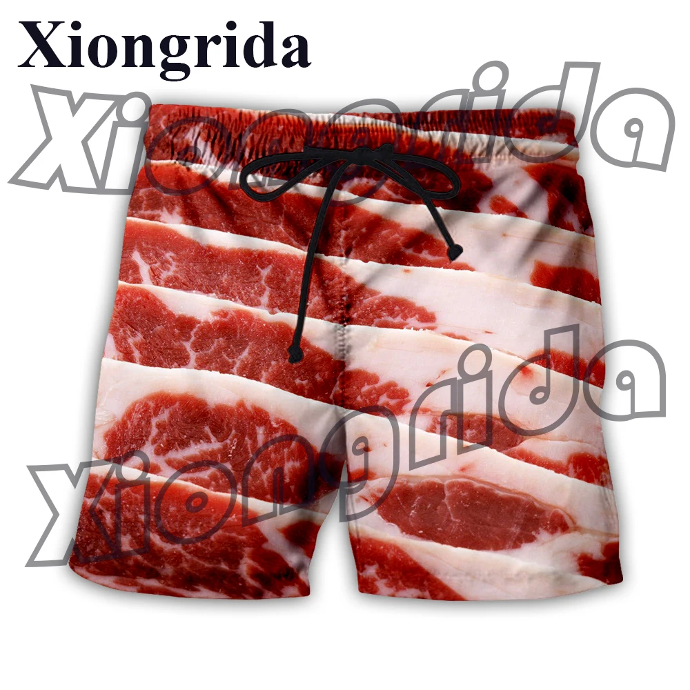 Pantalones cortos divertidos con estampado de carne para hombre, bañadores de cintura elástica con estampado 3D de cerdo crudo, pantalones cortos de