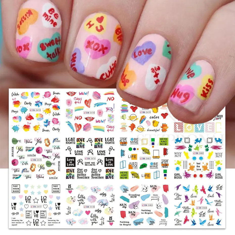 Autocollants de transfert à l'eau pour nail art, 12 pièces, stickers, rose, amour, chlormignon, jeune fille, bonbons, dessin animé, conseils, filigrane, curseur, manucure SLBouches