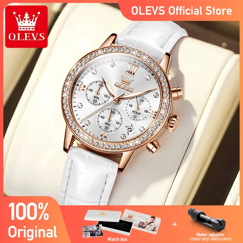 OLEVS 9933 Womens Watch Original Brand Diamond Ladies Quartz Wristwatch Waterproof Luminous    Leather Strap Multifunction Watch