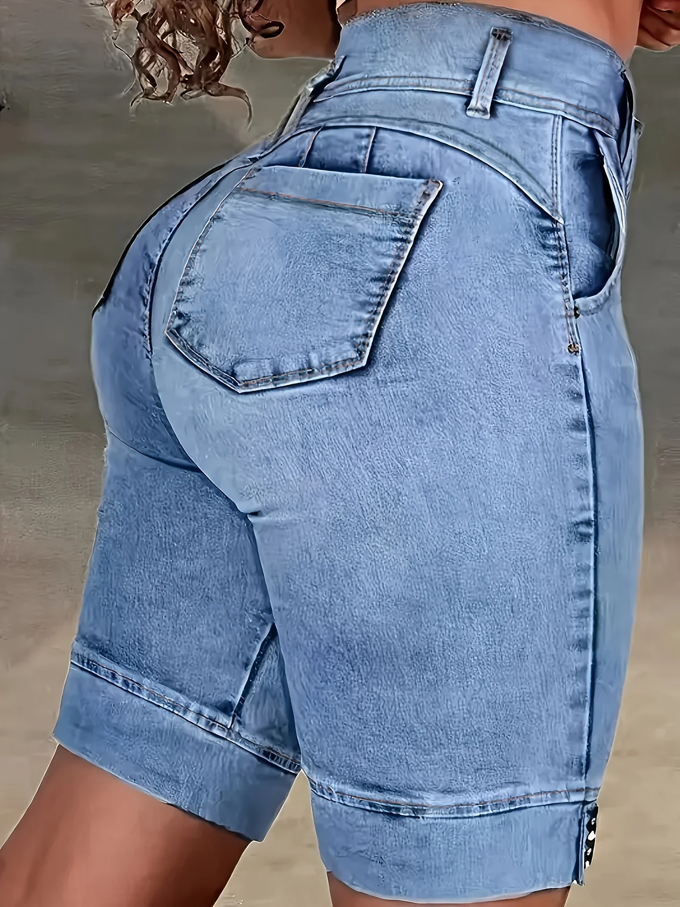 Ladies' Blue Double-Buckle Waist Slim Fit Jeans view 3