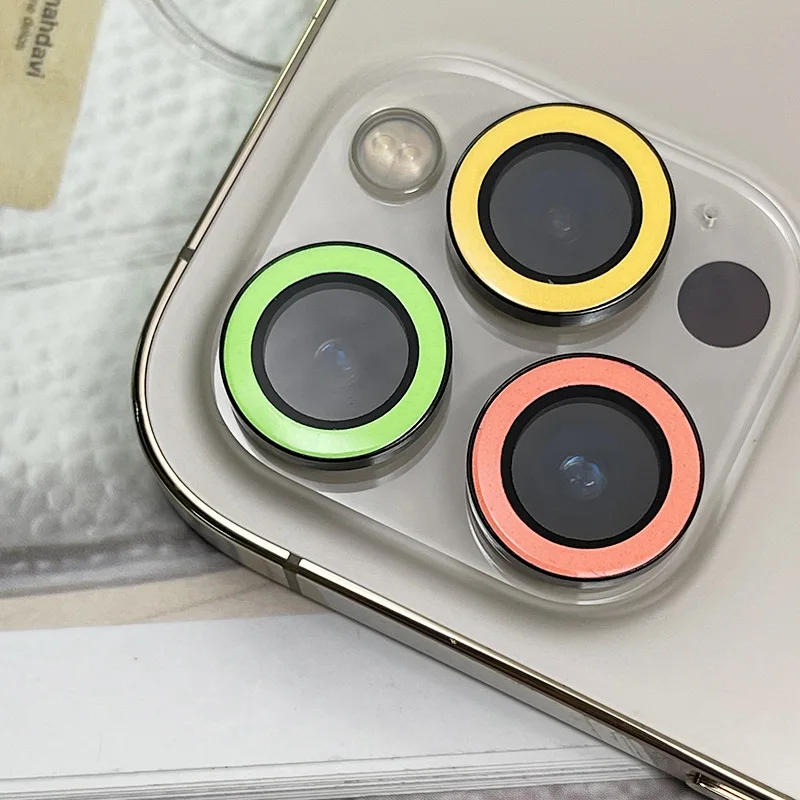 100 шт. флуоресцентный объектив камеры для iPhone 16 15 14 13 12 11 Pro Max Plus Mini 3D светящееся стекло Защитная пленка для экрана