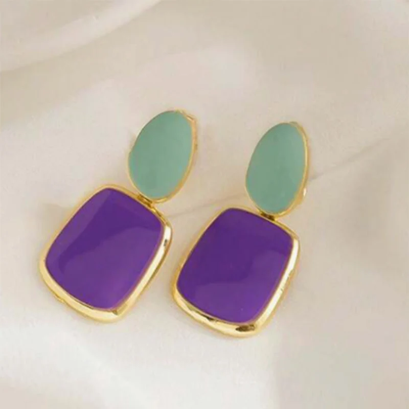 Korean Multicolor Square Dangle Stud Earrings For Women Green Purple Pink Bule Semi-Precious Stone Earrings Pastoral Style