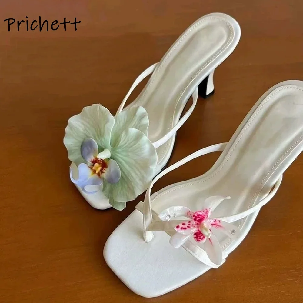 Moth Orchid Flip Flops Slippers Satin Asymmetric Square Toe Slip On Thin Heels Sandals Women's Lovey Elegant Outdoor Dress Shoes