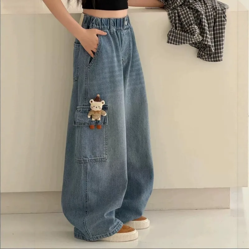 2026 UNITIM Herbst Kinder Mädchen Cargo-Hosen mit Puppendekor 4-14 Jahre Kinder Mädchen Jeans Lose Elastische Taille Junior Mädchen Weite Hosen – Detail 1