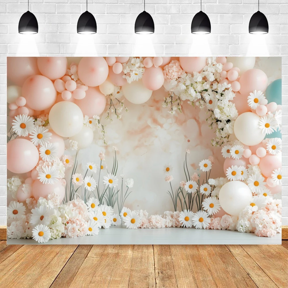 Spring Daisy Flowers Photography Backdrop Balloons Interior Wall Birthday Party Cake Smash Kids Portrait Photocall Background