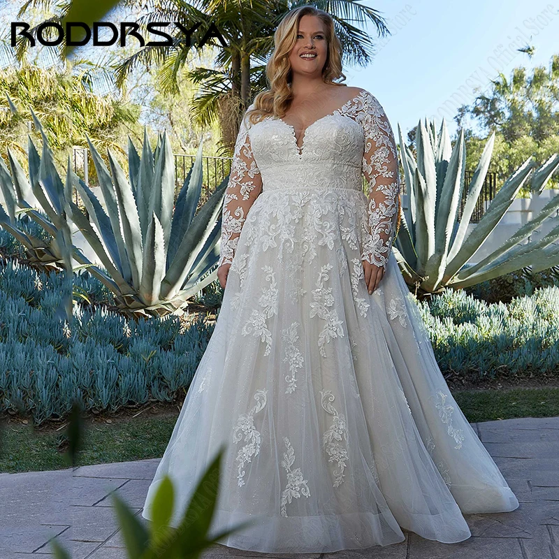 RODRSYA Vestidos de Noiva Elegantes Para Mulher Plus Size Mangas LongasRODDRSYA Elegantes Vestidos De Casamento Para A Mulher Plus Size Mangas Compridas Applique Vestidos De Noiva A Linha V-Neck Tulle vestidos de novia