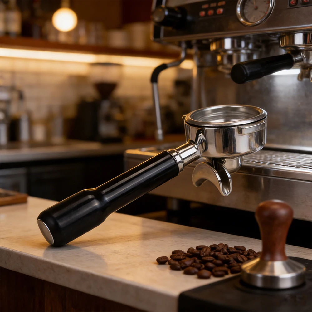 Custom Luxury Polished 58mm Stainless Steel Double Spout Portafilter Wood Handle With Filter Basket Eco Friendly Coffee Tool