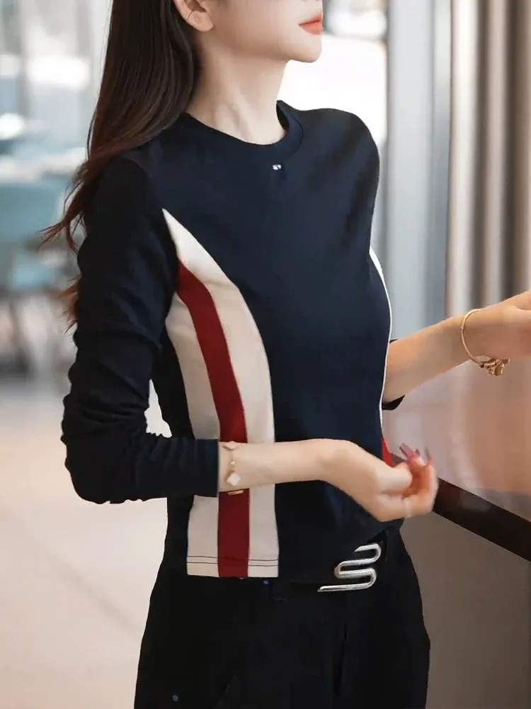 plus Size Autumn New Fashion Splice round Neck Long Sleeve Slim Fit Women's T-Shirt Base Shirt High Waist Wear Resistant