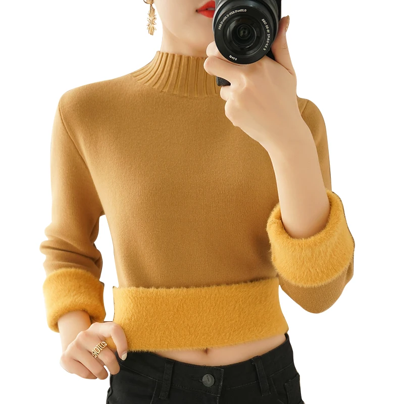 New Women Warm Knitting Sweater Half High Collar One Piece Wool Pullover Autumn Winter Loose Large Size Velveteen Bottom Sweater