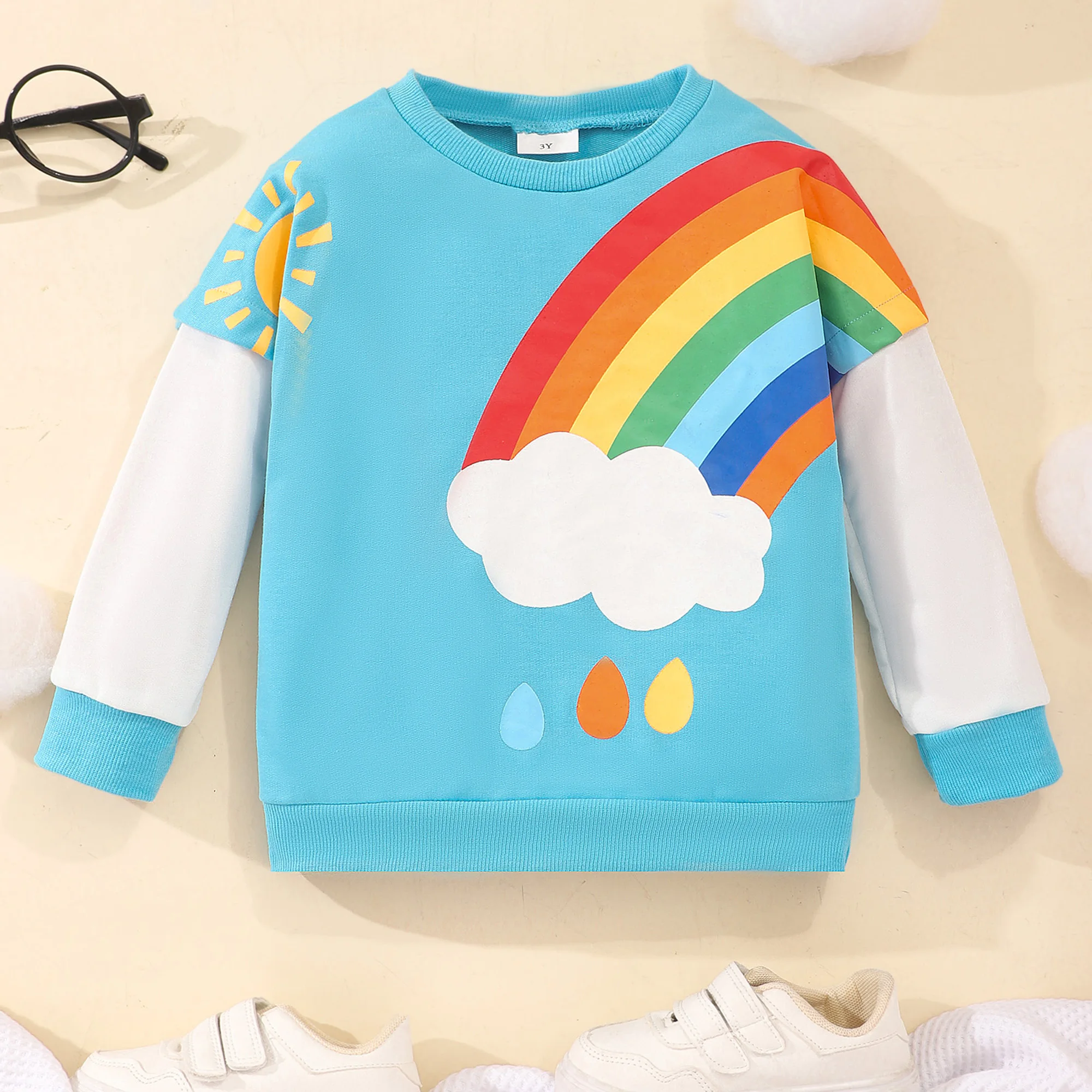 2023 Autumn Winter Boys and Girls Top Children Wear Long Sleeve Round Neck Rainbow Print Cartoon Children\'s Wear 3 4 5 6 7 Years