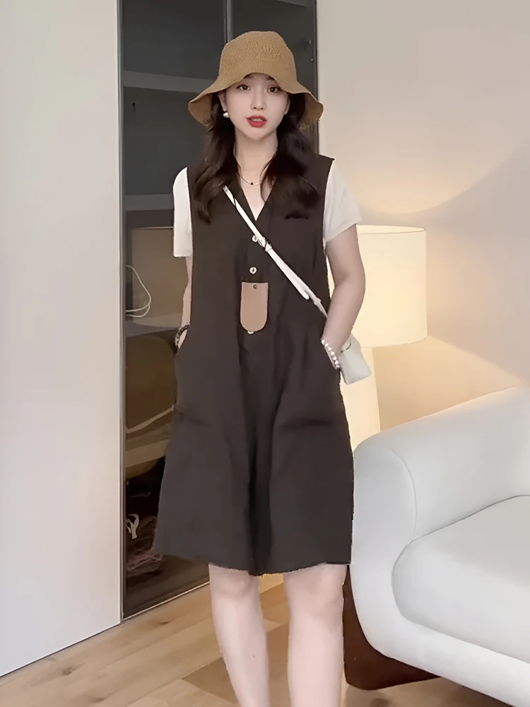 

Retro Casual Women's One-Piece Rer with Straps V-Ne Loose Fit Faionable Design Summer Thin High Waist ort Pants