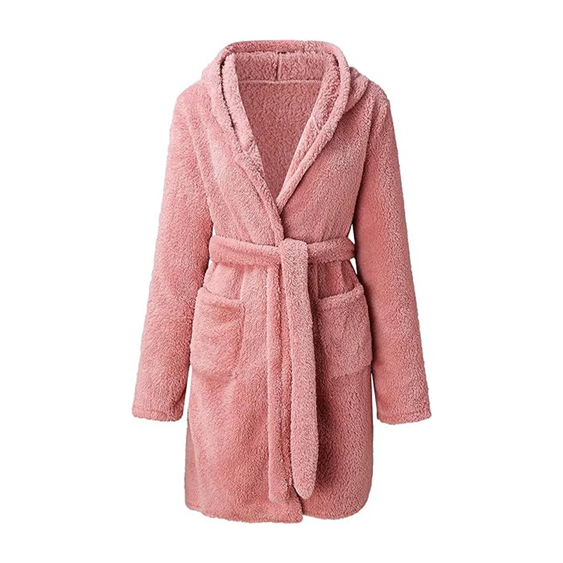 Women Winter Fleece Bathrobe Solid Color Short Side Pockets Lightweight Soft Flannel Plus Size Terry Bathrobe Hooded Sleepwear