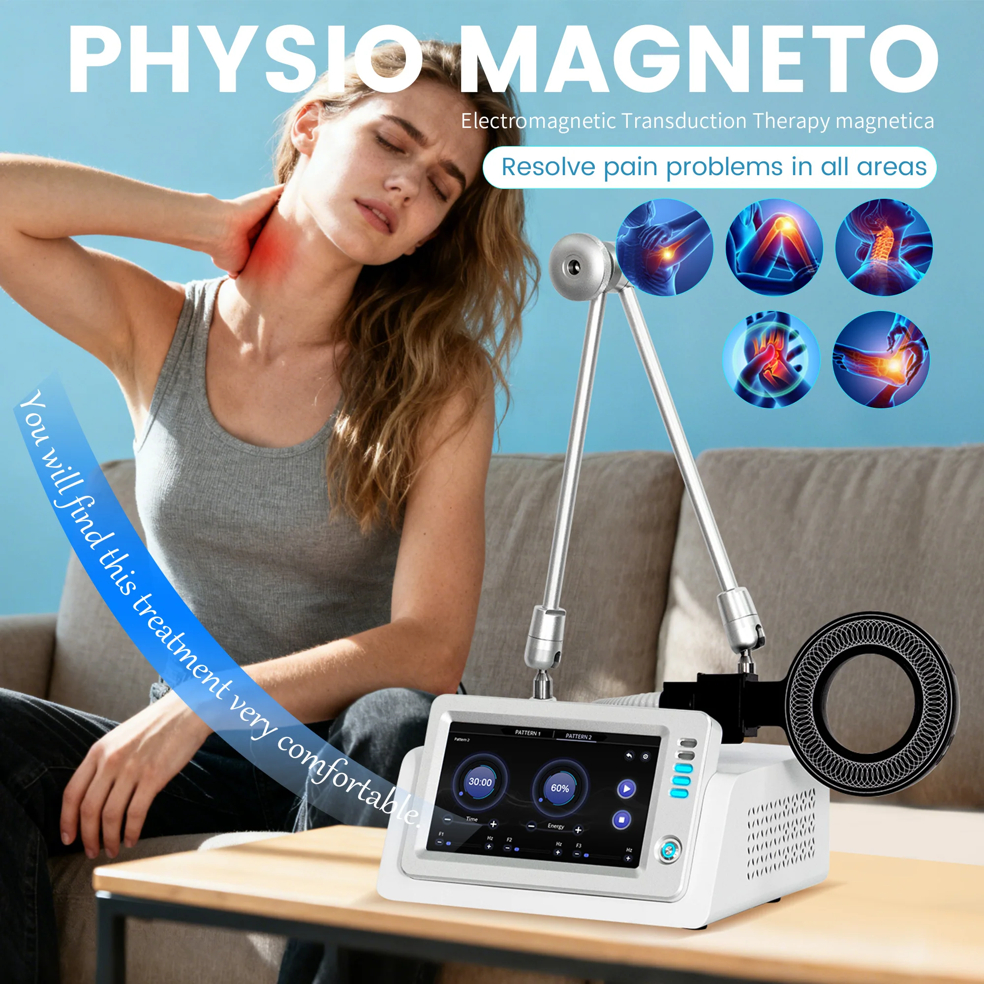 Extracorporeal Magnetic Physio Magneto Therapy Device Electromagnetic Transduction for Body Joint Muscle Pain Management
