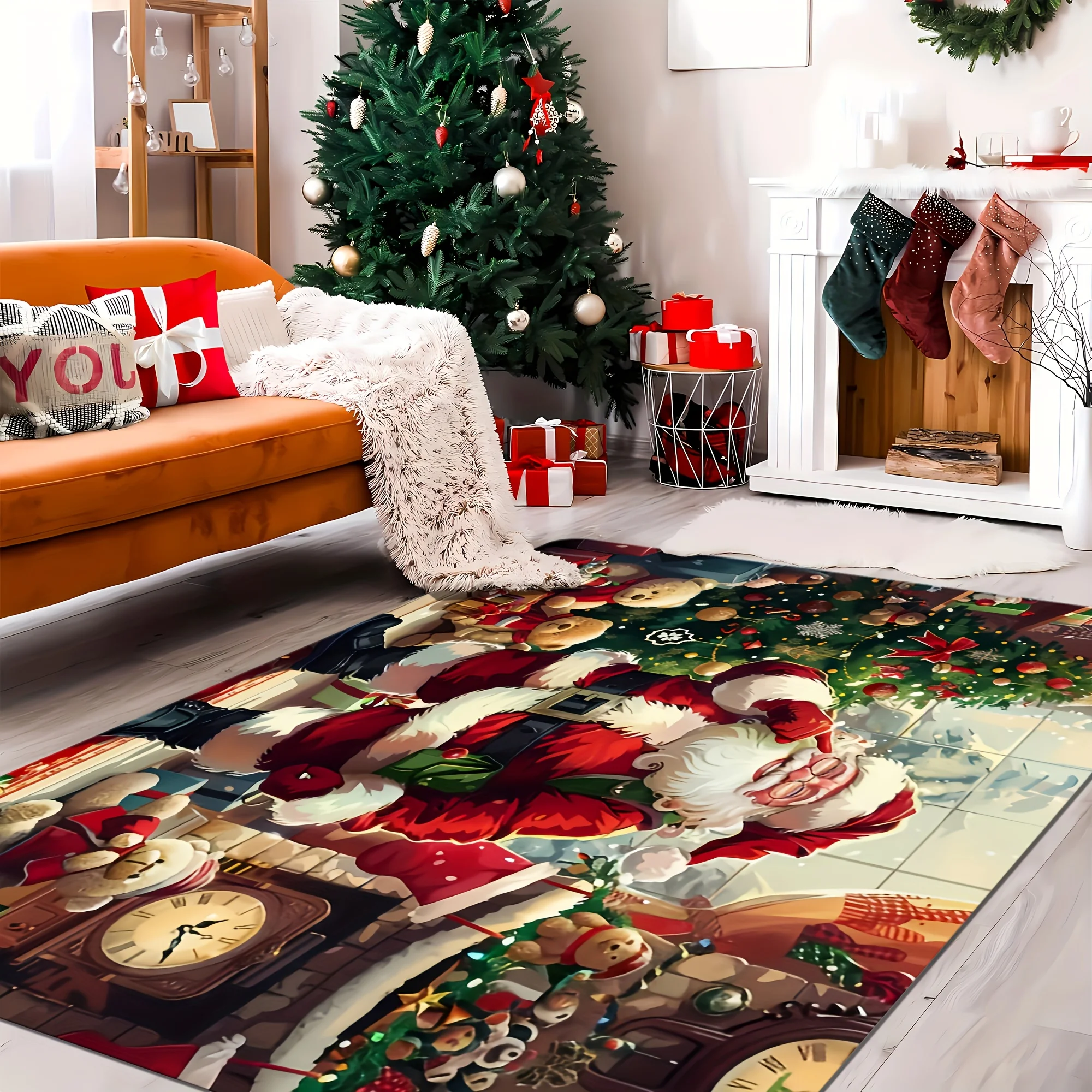 1pc Santa Gift Decor Rug, Large Festive Mat for Living Room, Patio, Kitchen, Bedroom Entry, Outdoor Balcony, Garden Yard