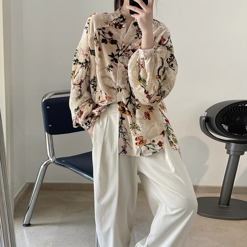 Johnature Spring Summer New Korean Vintage Court Style Velvet Print Shirt 2024 Loose Casual Jacquard Floral Women Blouses