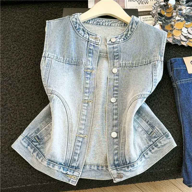 

Vintage Washed Light Blue Thin Denim Vest Summer Women Short Sleeveless Coat Round Neck Single-Breasted Female Cowboy Waistcoat