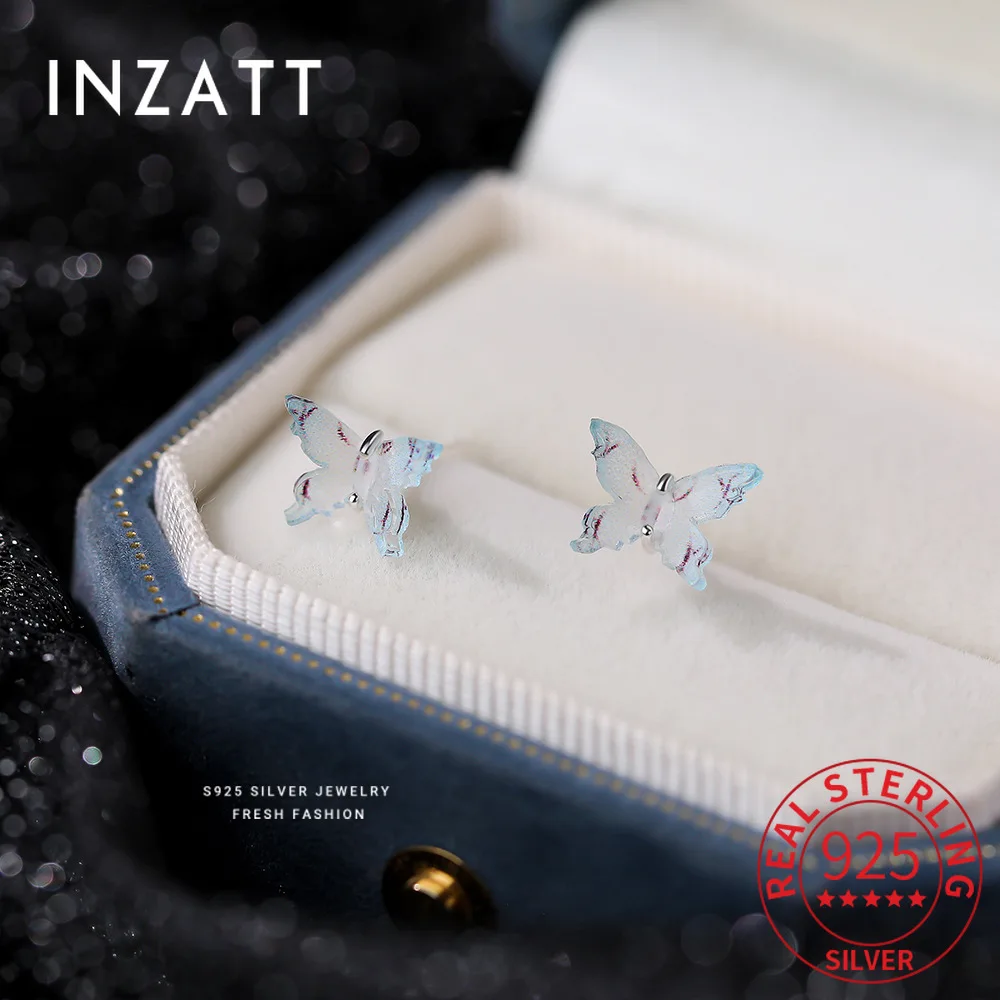 

INZATT Real 925 Sterling Silver Colorful Resin Butterfly Mini Stud Earrings for Women Party Cute Fine Jewelry Trendy Accessories