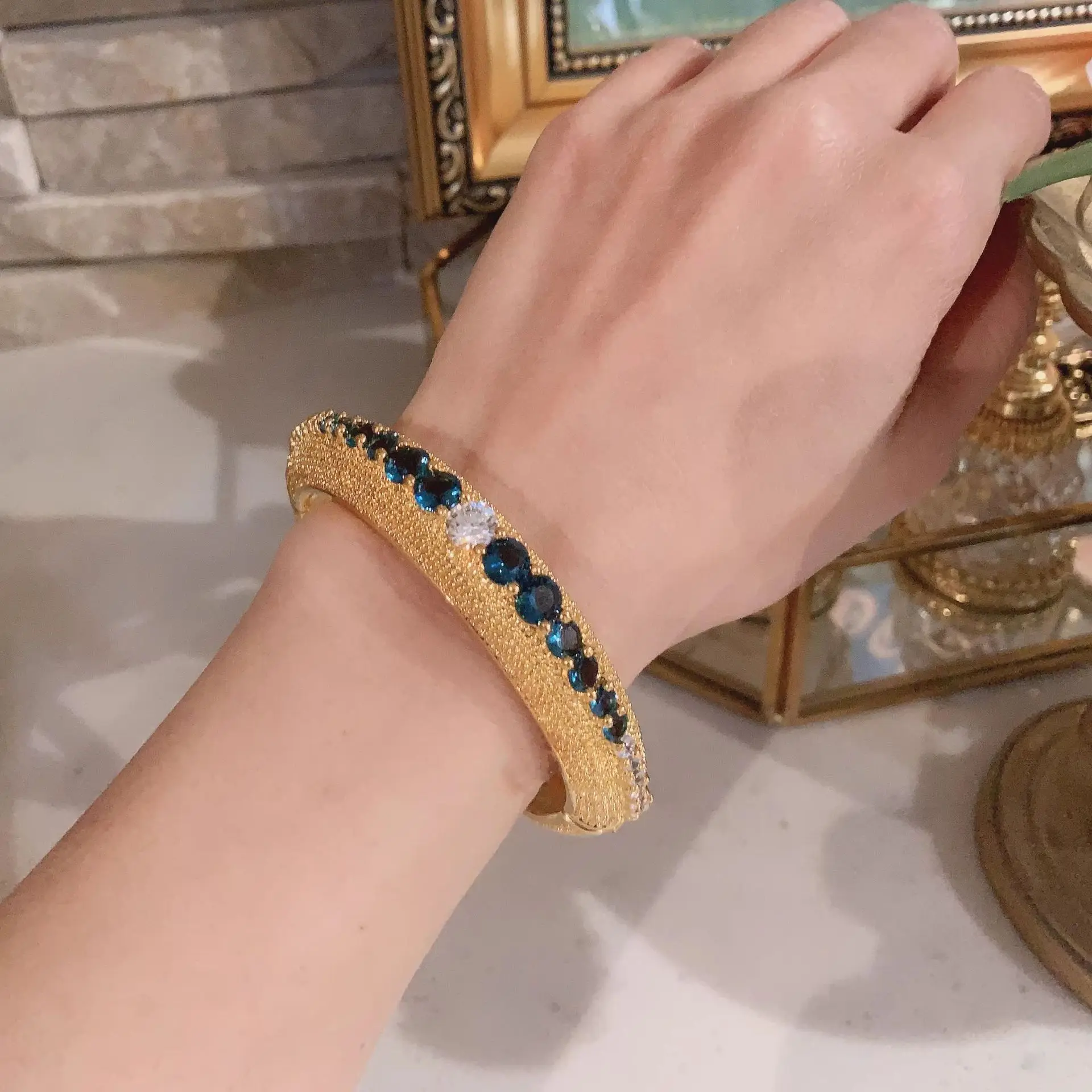 Vintage Peacock Blue Rhinestone Earrings & Bracelet Set