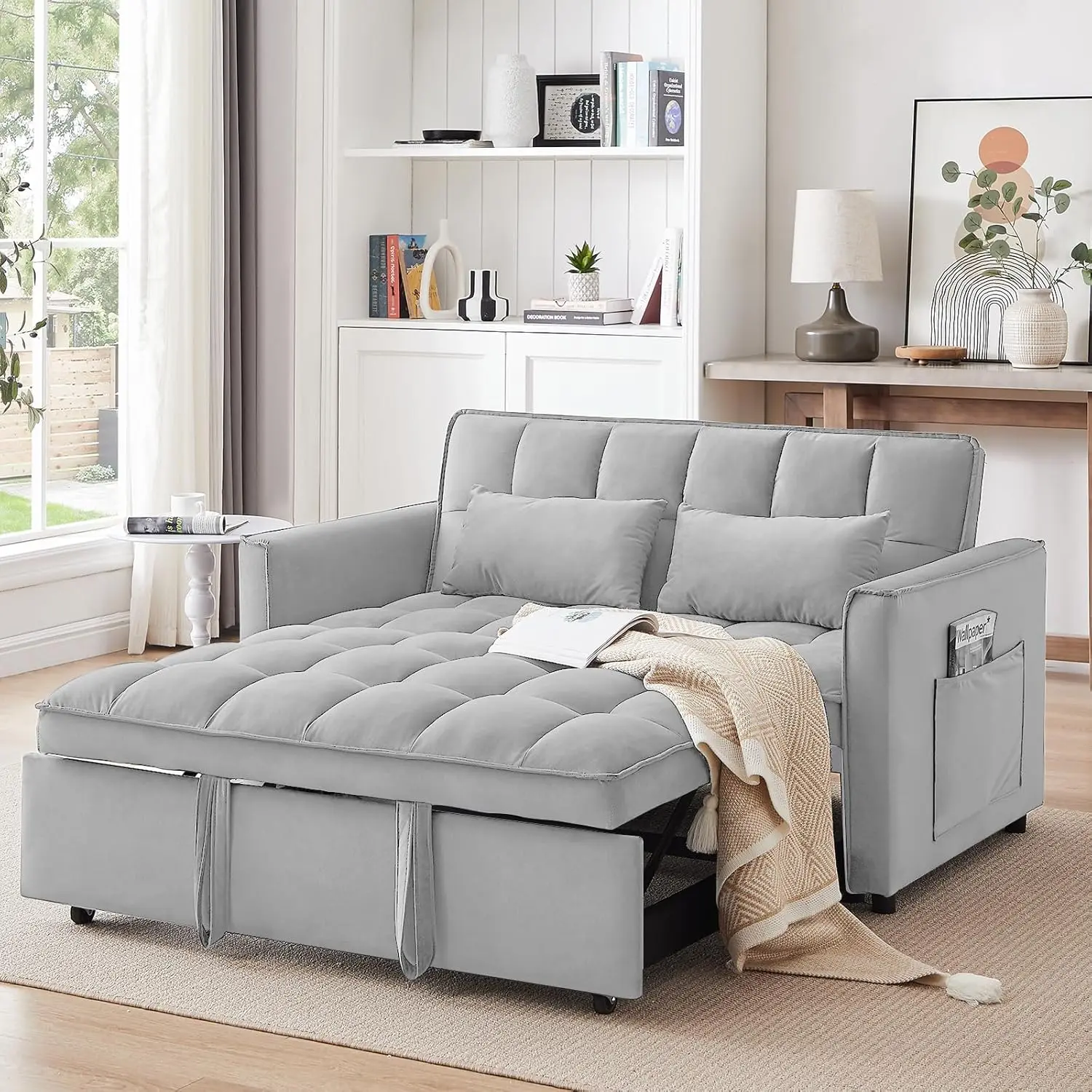 

3 in 1 Sleeper Couch Bed,Velvet Convertible Loveseat Sofa Bed,Pull Out Sofa Bed w/ Adjustable Backrest,Storage Pockets & Pillows