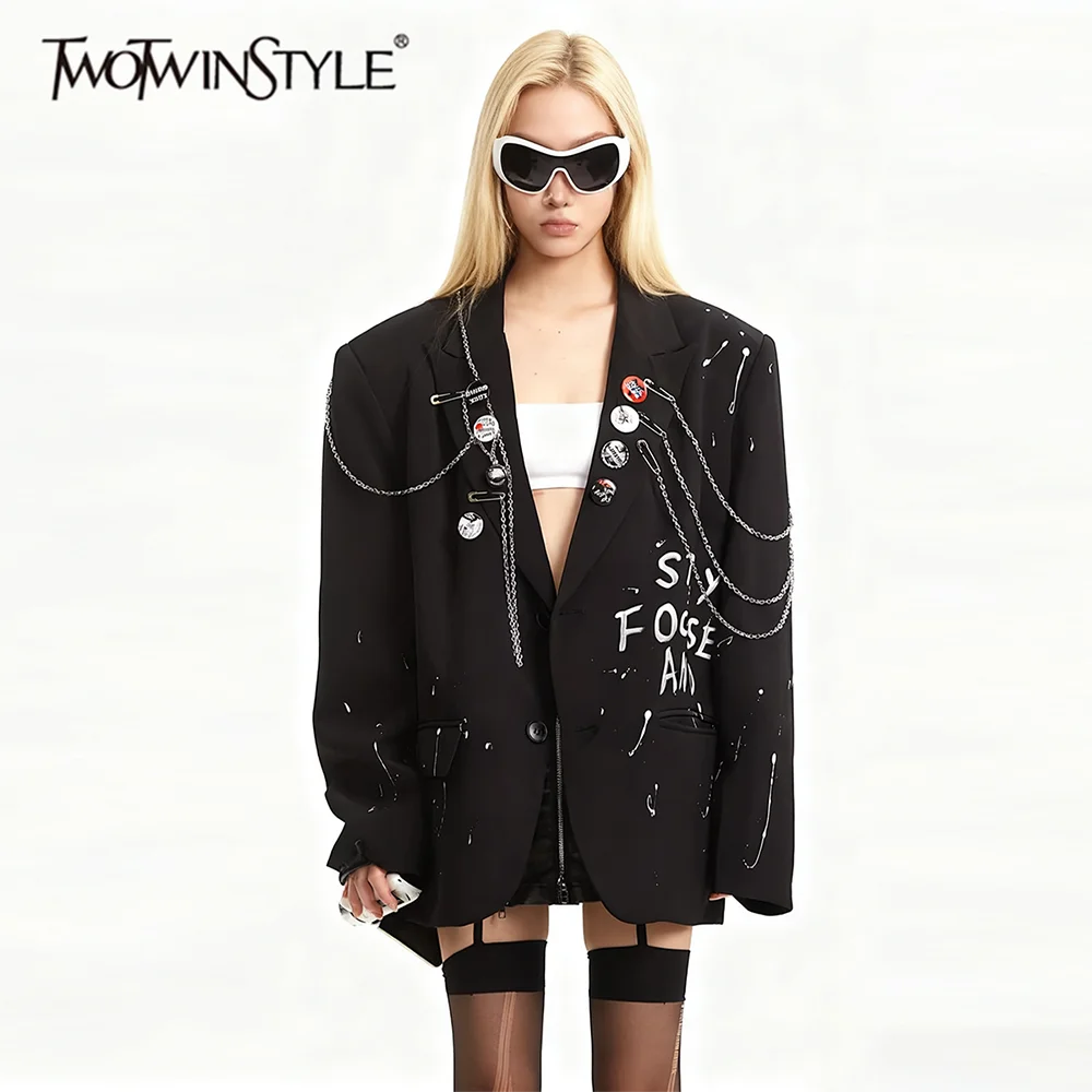 

TWOTWINSTYLE, однотонный уличный пиджак с принтом и цепочками, женский пиджак с длинными рукавами и лацканами, лоскутный блейзер с блестками, женский новый