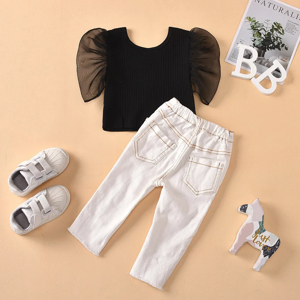 New Born Girl Baby Gift Toddler Kids Baby Girls Tulle Knit Tops Ripped Jeans Beaded Pants Outfits Set Receiving Blanket Bow