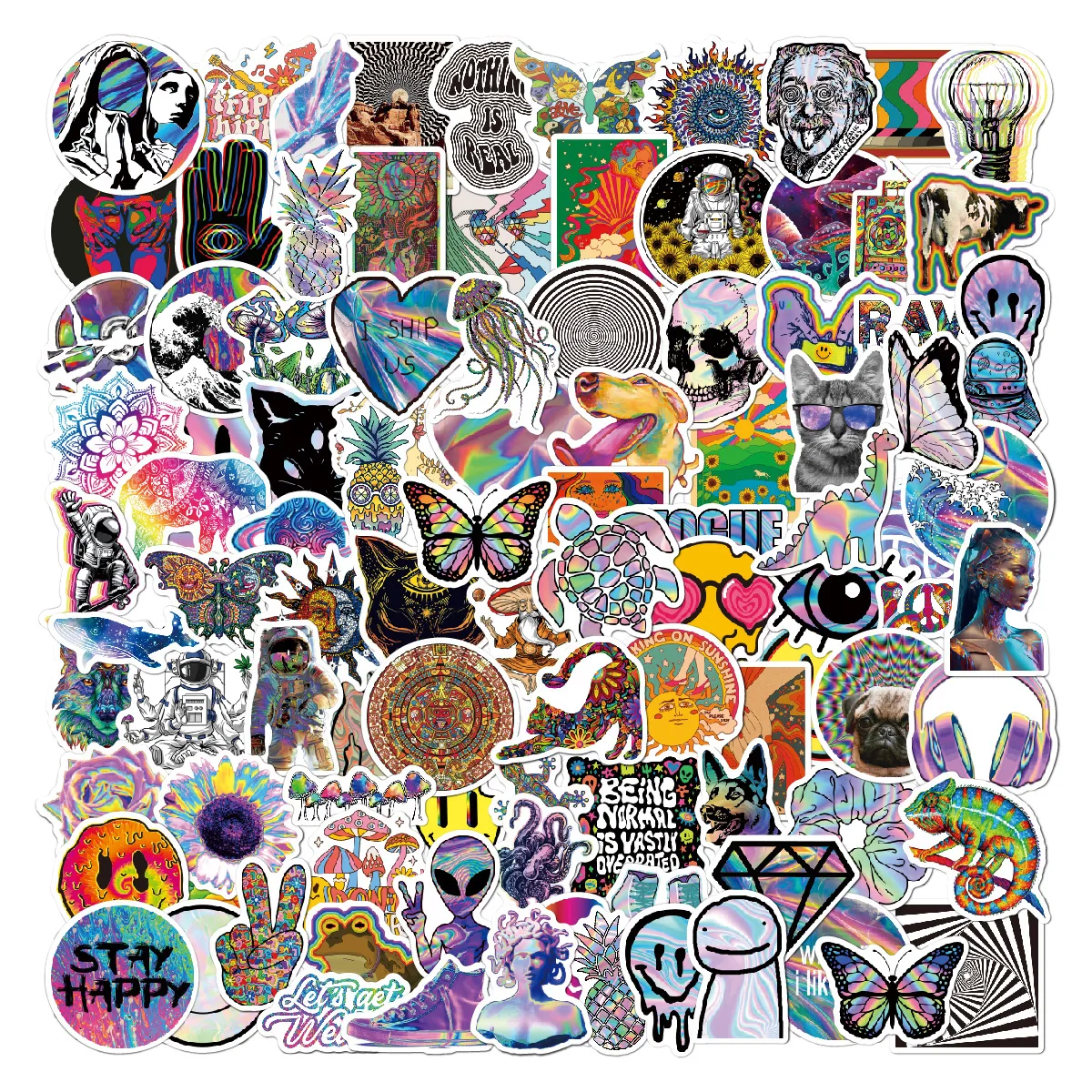 

100Pcs Cartoon Psychedelic Holographic Laser Stickers for Laptop Skateboard Guitar Fridge Vinyl Waterproof Trippy Stickers Decal