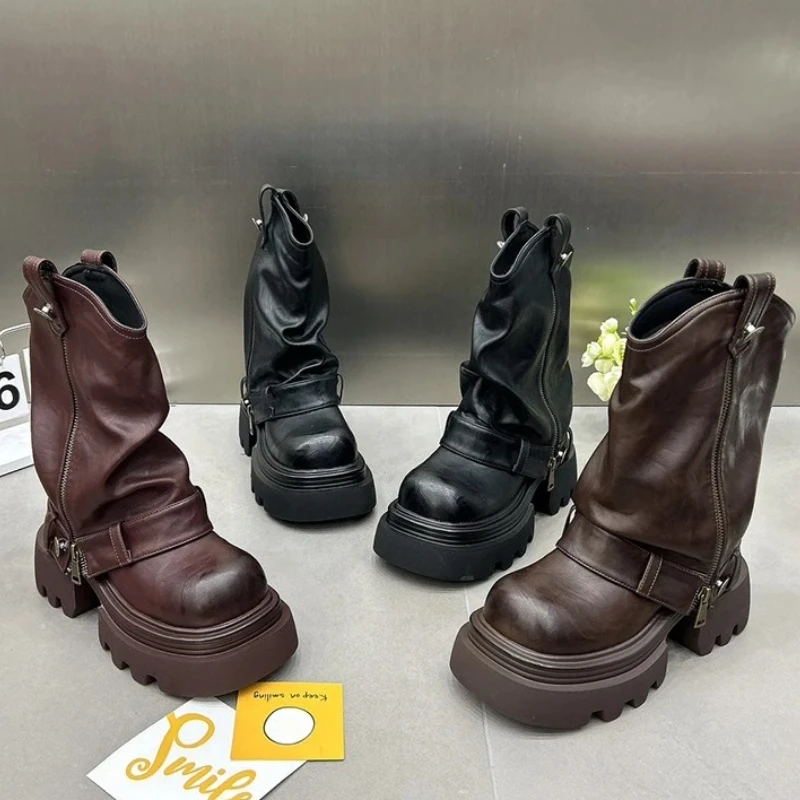 

Дизайнерские винтажные женские ботильоны, модные короткие ботильоны без шнуровки Knight, женские повседневные туфли на платформе и каблуке Botas Mujer