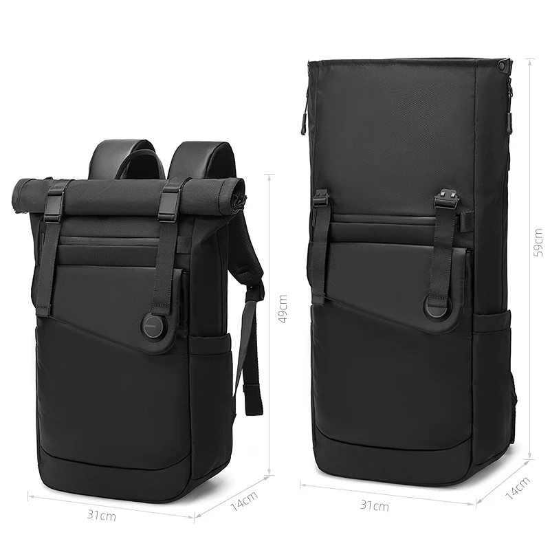 Evervanz-expansível mochila roll top, mochila moda impermeável com bolso portátil, adequado para o trabalho, negócios, viagem faculdade, preto