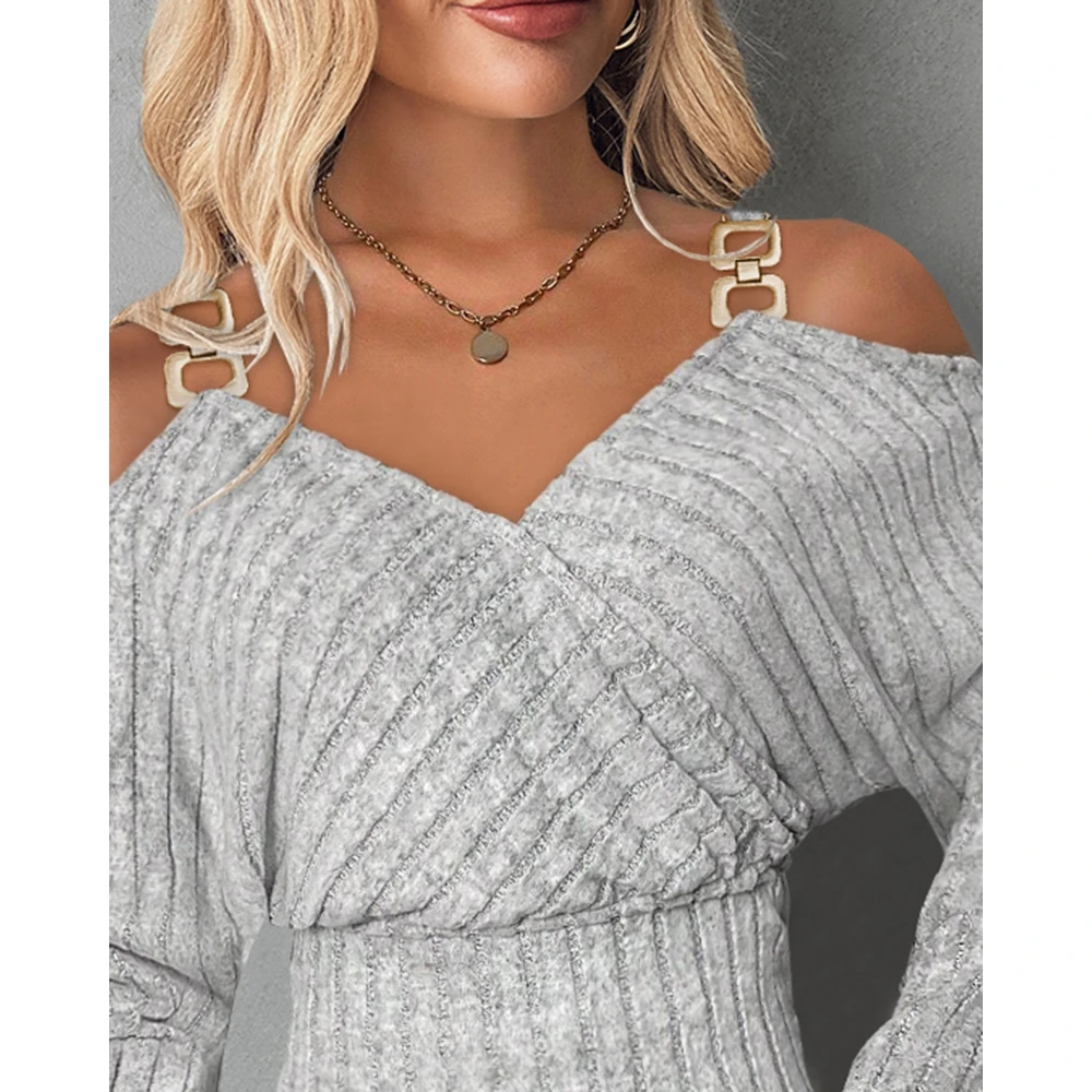 Women Cold Shoulder Batwing Sleeve Ribbed Top Spring Fashion Casual Chain Strap Long Sleeve V-Neck T Shirt Sexy Blouse y2k Top