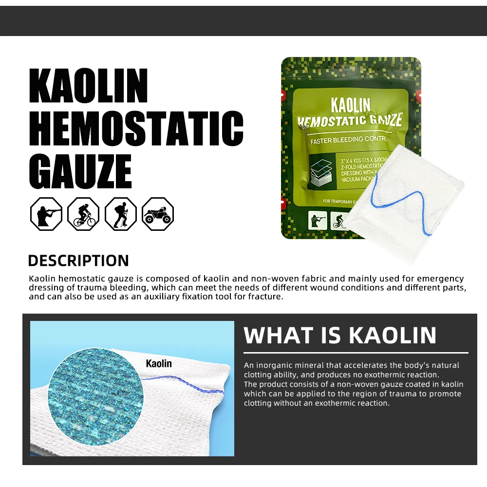 Gaze hemostática caulim para Ifak kit de primeiros socorros tático, Z-Fold solúvel, médico ferida vestir, combate de emergência, trauma