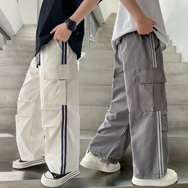 

Big Boys Casual Cargo Pants with Pockets Fashion Side Striped Summer Children Long Korean Pants Fashion Streetwear Cool Trousers