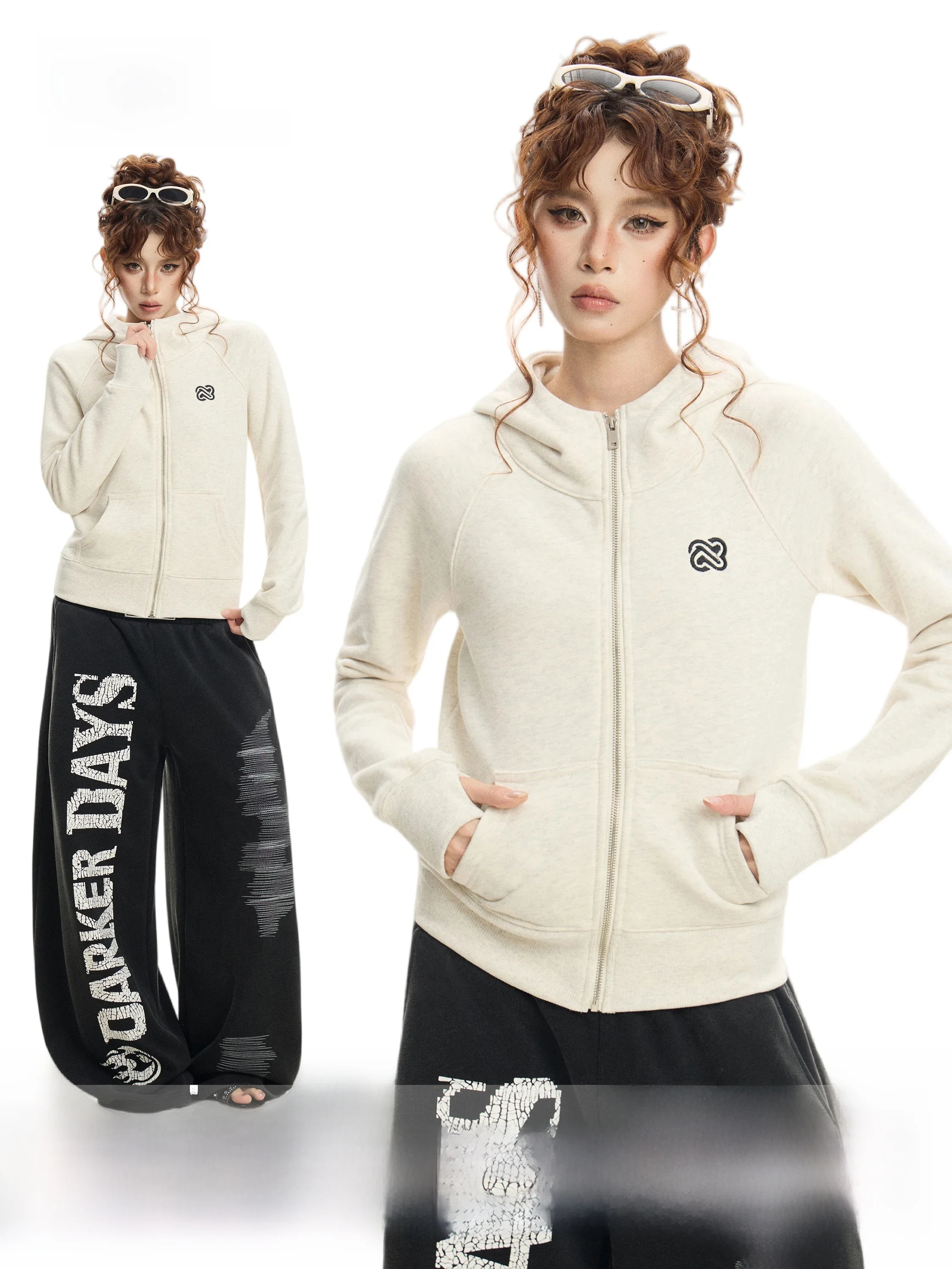 White Zipper Hoodie Jacket Women's Short Style Casual Slim Fit Cardigan Top Standard Version Long Sleeve Commute Style