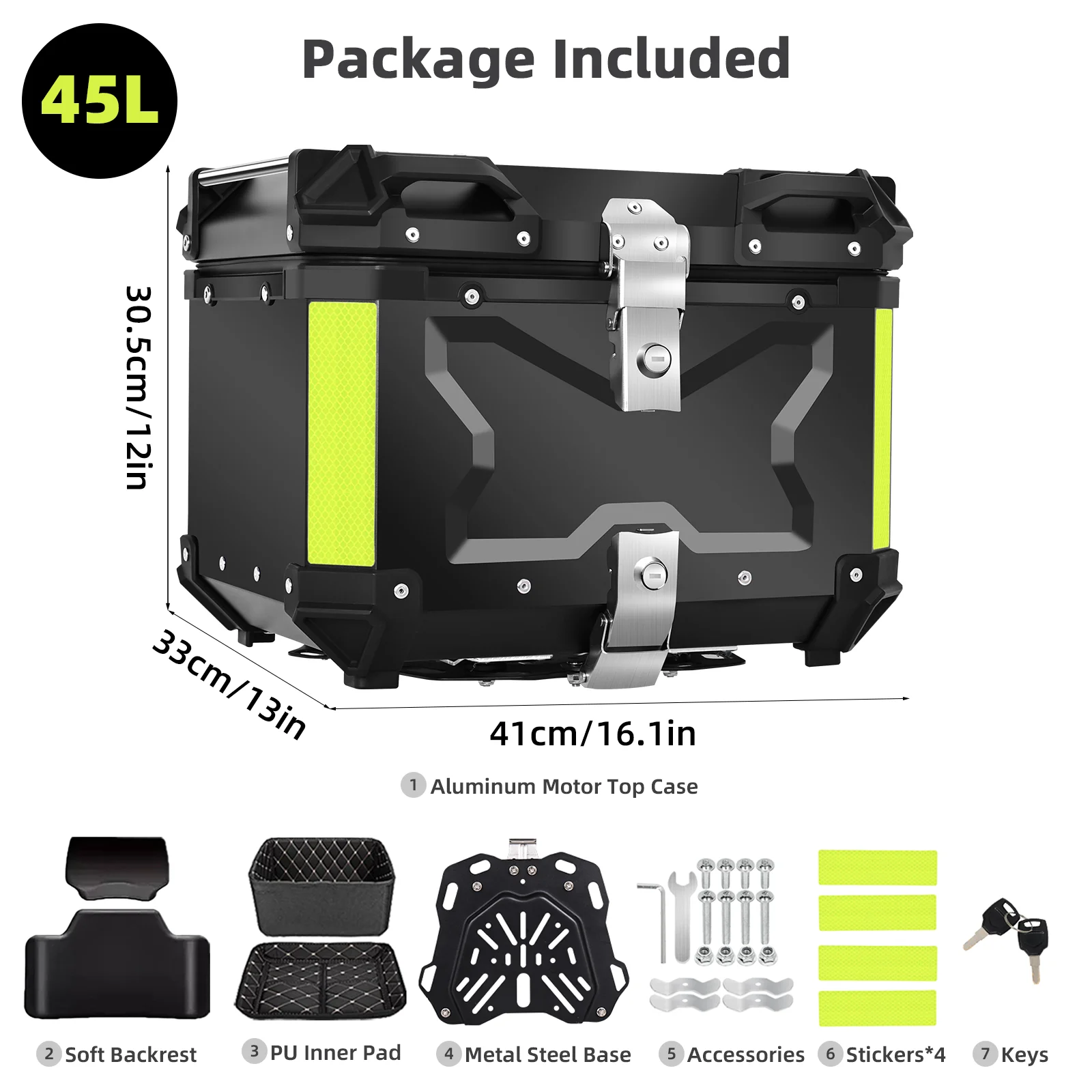 65L Topkoffer Aluminium Motor Topbox met Binnenvoering & Rugleuning Universele Afneembare Achterkoffer met Dubbele Sloten Waterdichte Helmen Opberg Bagagekoffer