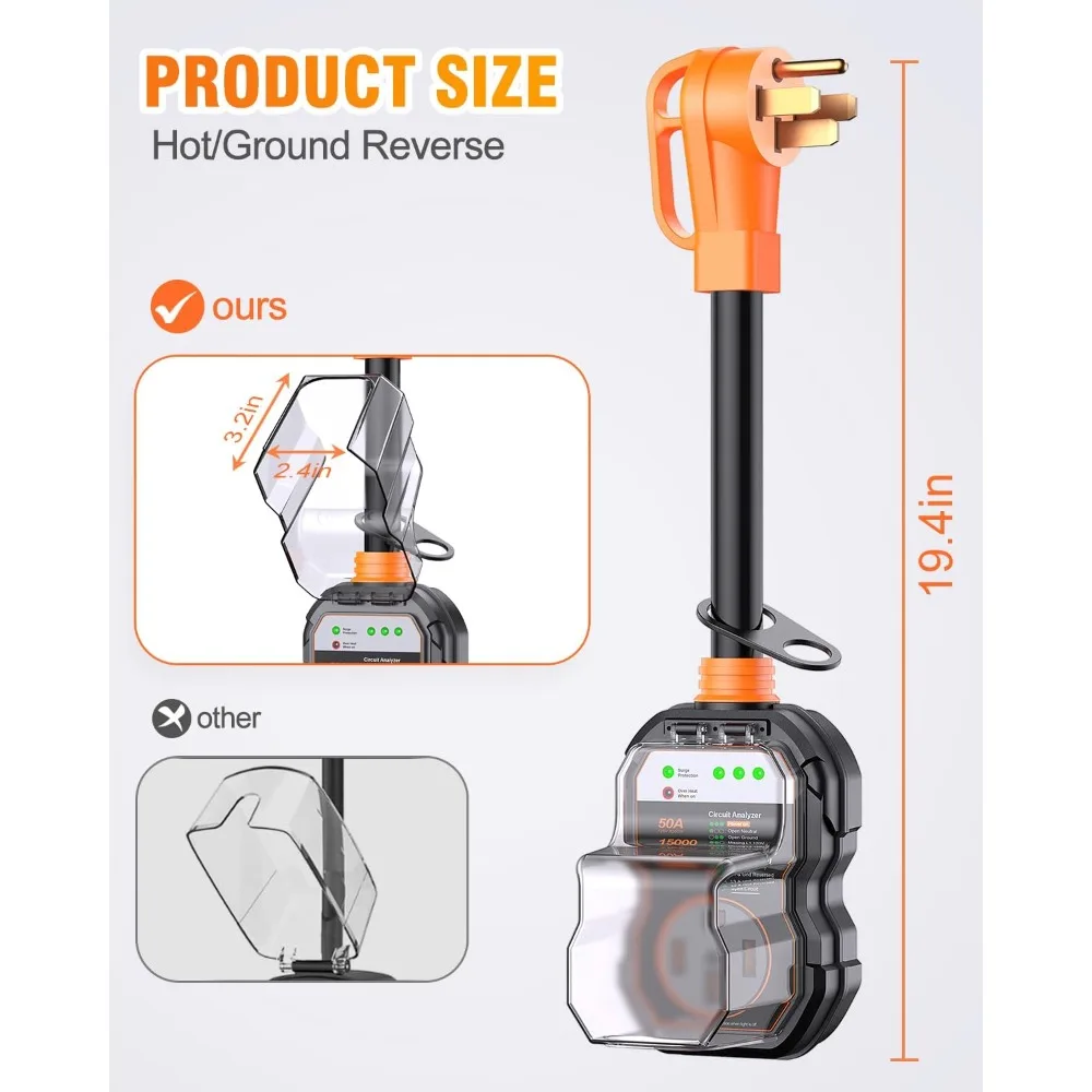 RV Surge Protectors 50 Amp, 15000 Joules RV Circuit Analyzer, IP68 Surge Voltage Protection, RV Adapter Plug for Camper (Orange)