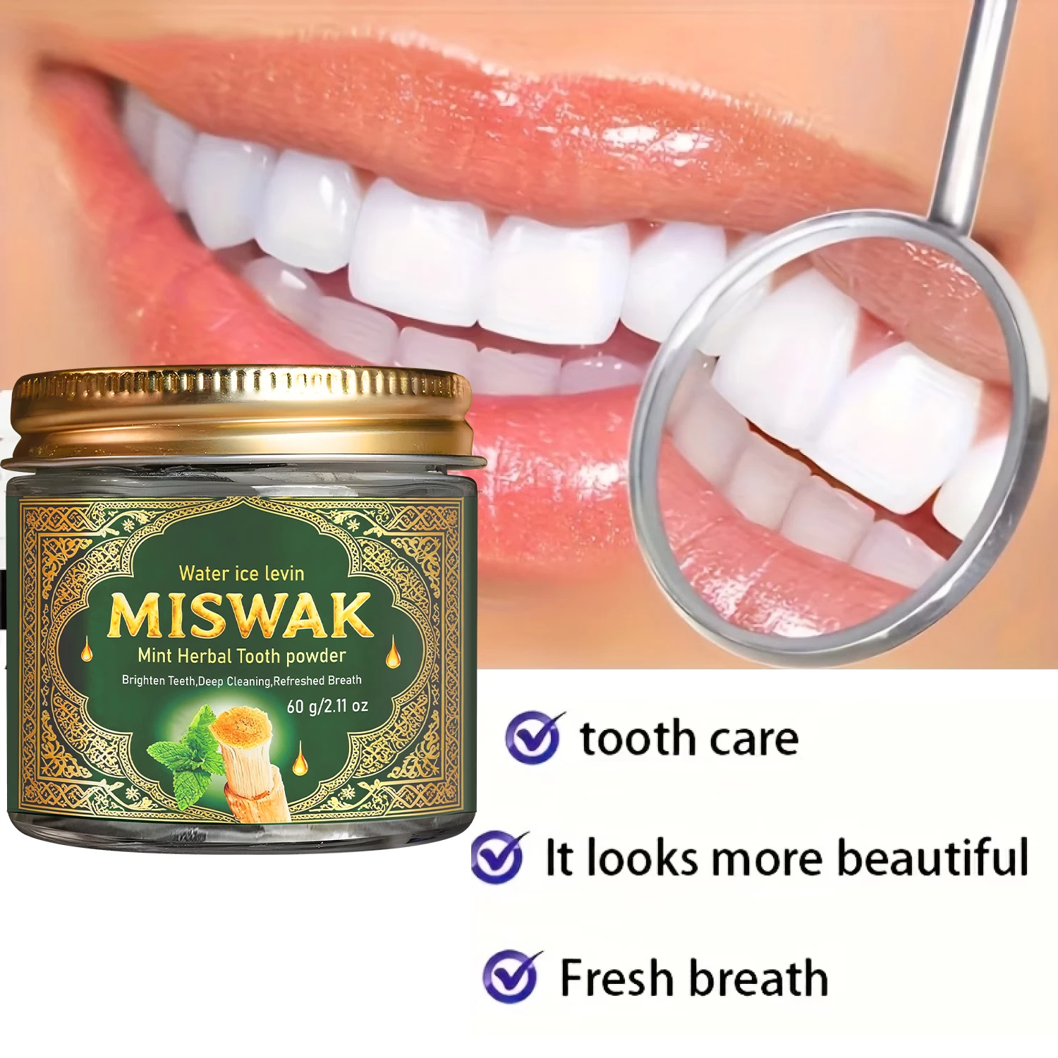 MISWAK Mint Herbal Tooth Powder, Deep Cleaning & Brightening with Charcoal & Hyaluronic Acid for Fresh Breath view 3