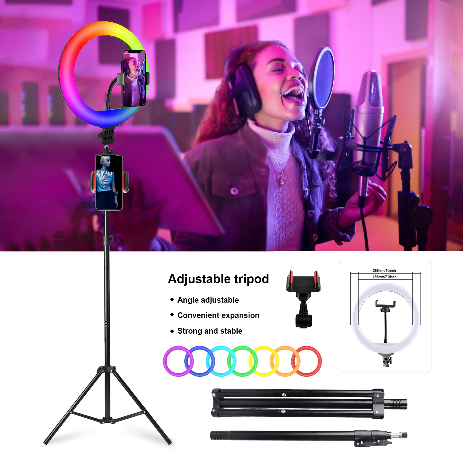 

Профессиональный комплект кольцевой RGB-подсветки 10 дюймов – штатив с удлинением до 160 см, 360° ° Поворотный механизм + фиксированная настройка, проводное управление с 101 цветом